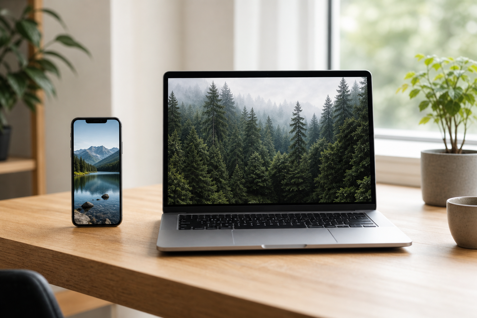 Gratis achtergronden op een telefoon, tablet en laptop naast elkaar